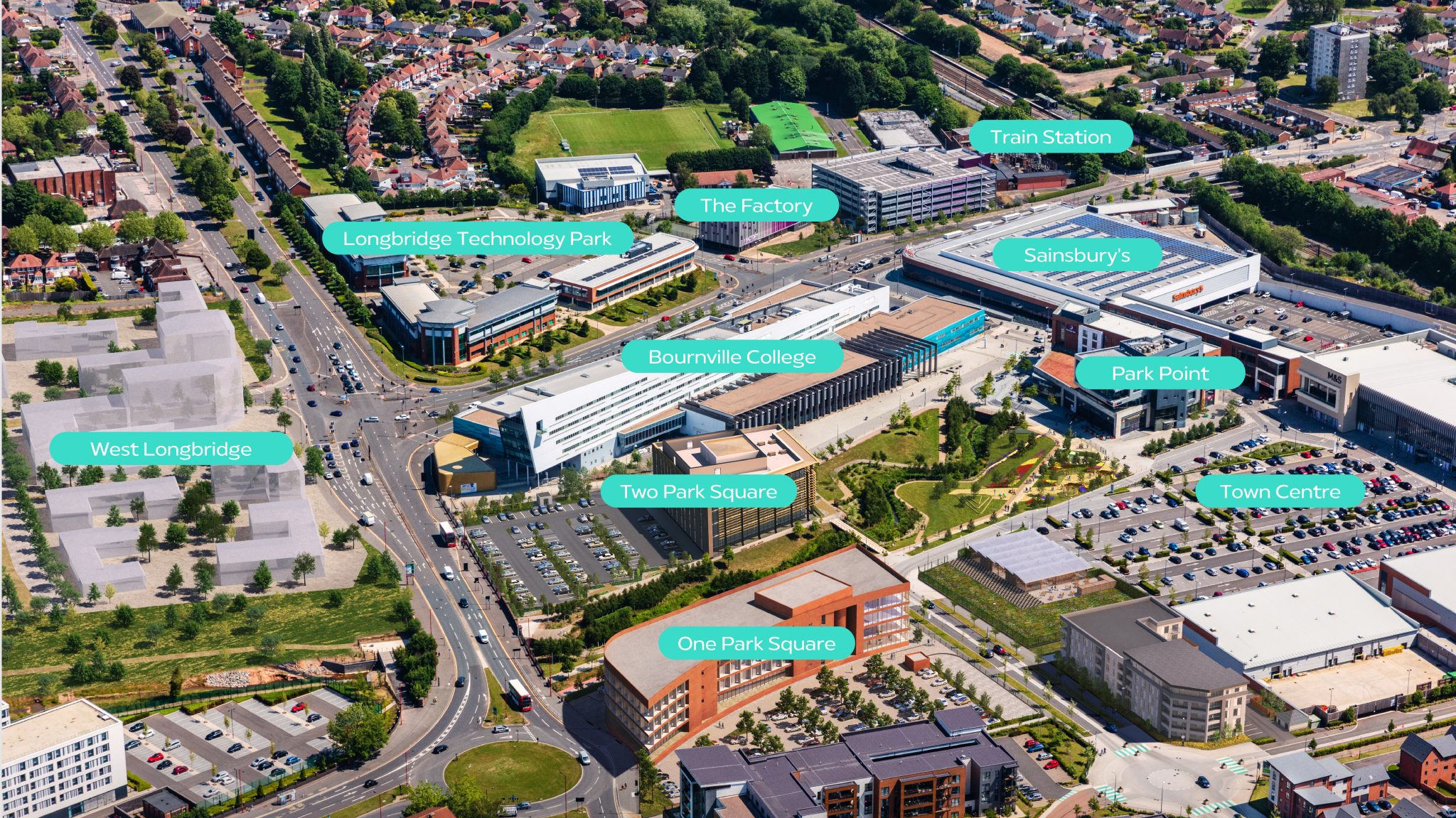 Annotated aerial view of Longbridge Birmingham.