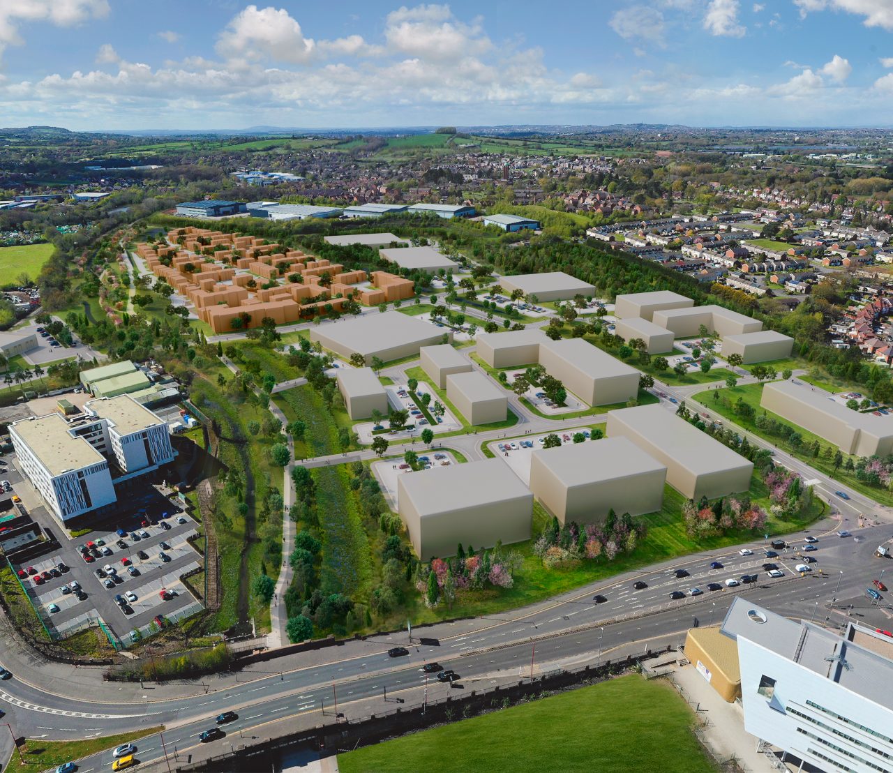 View of West Longbridge with building outlines superimposed. CGI.