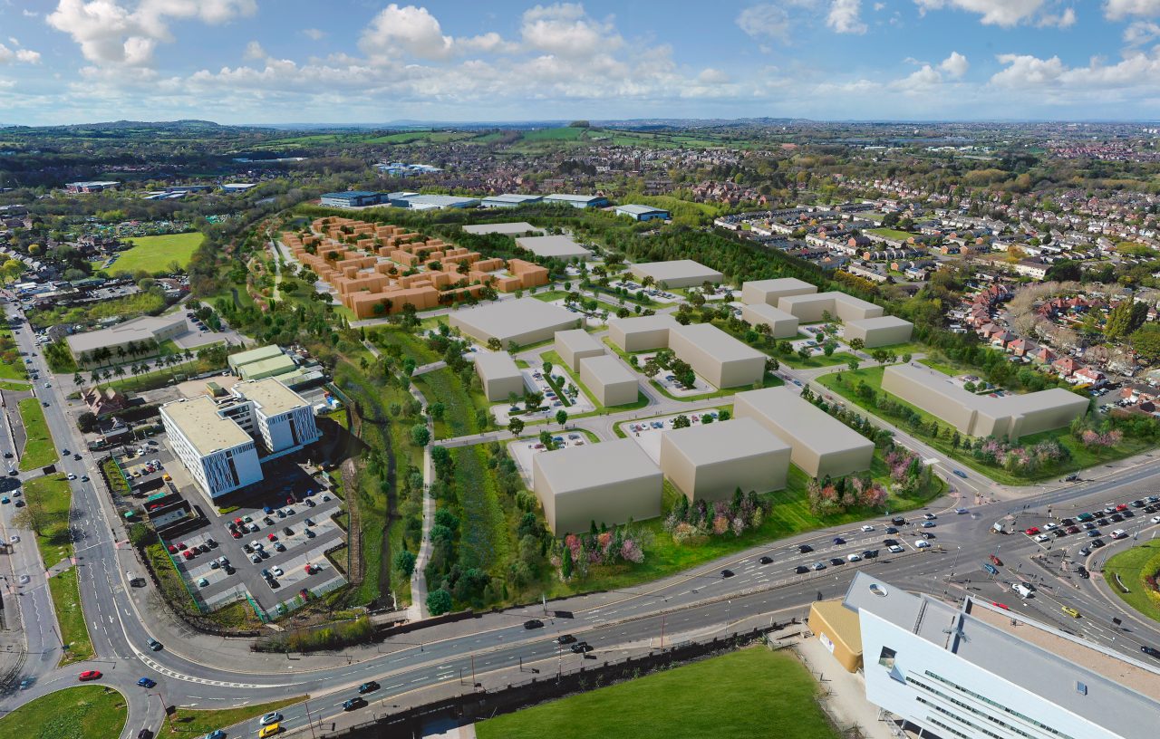 View of West Longbridge with building outlines superimposed. CGI.