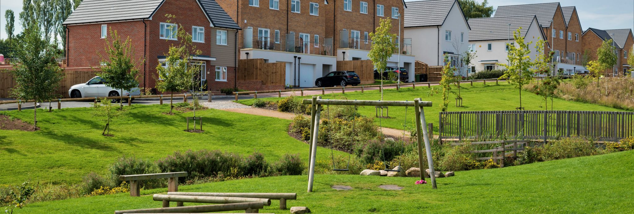 Play area and homes at Longbridge Birmingham.
