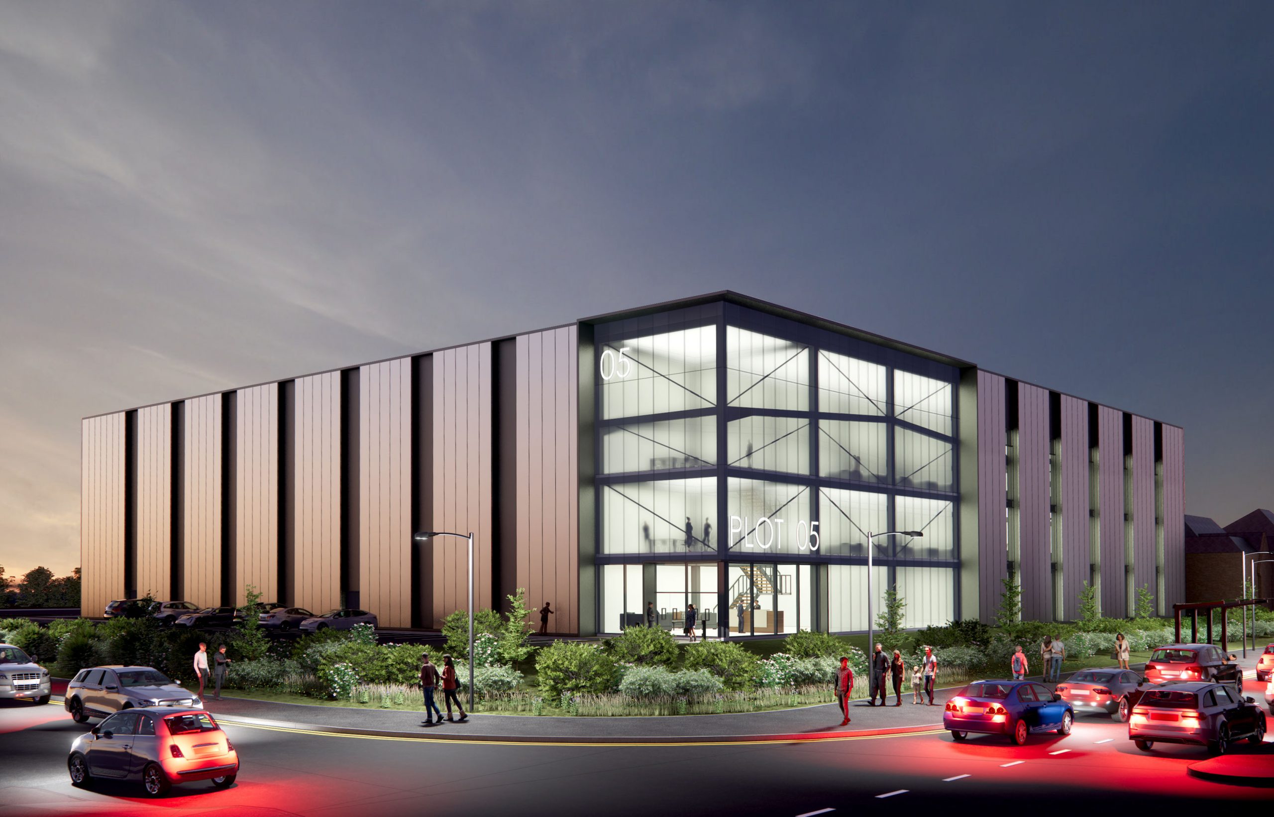 An evening CGI of the new Sterling Pharmaceuticals building.
